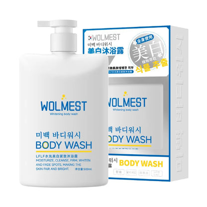 WOLMEST whitening body wash bottle with pump beside blue yellow box on white container on Tampa Home & Garden Store