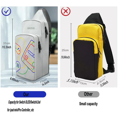 Crossbody bag for Switch OLED/NS; gray graphic-print, yellow/black bag beside on Tampa Home & Garden Store