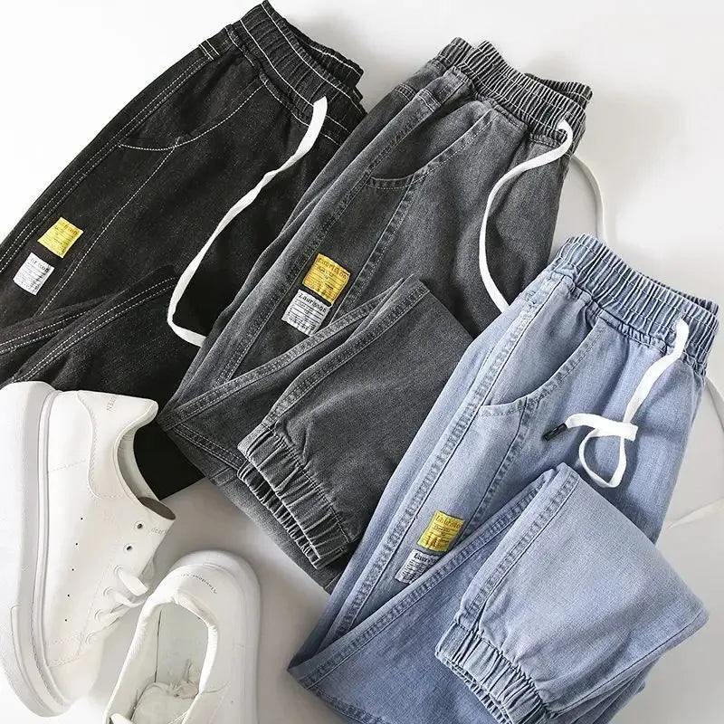 Men Wide Leg Jeans four colors UpTrend Deals black gray blue with white drawstrings on Tampa Home & Garden Store