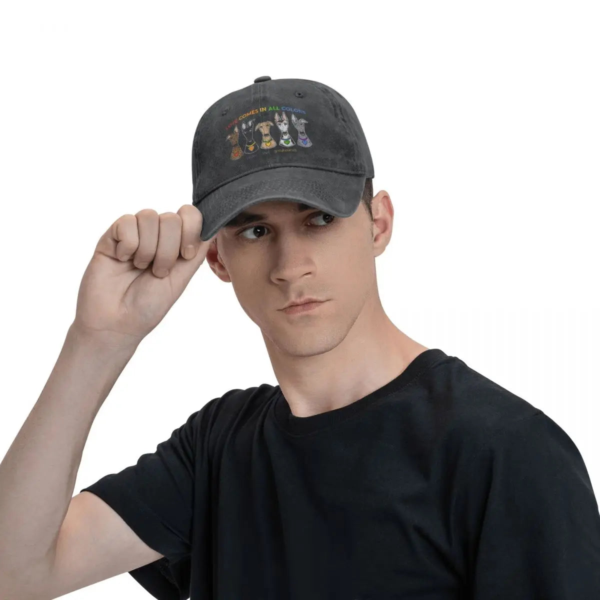 Peace Love Caps cap by BikerZoneZ, dark gray washed fabric with colorful front graphic on Tampa Home & Garden Store