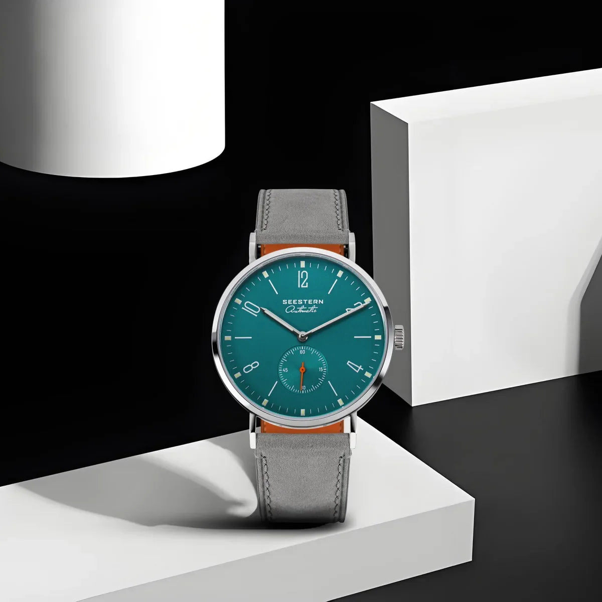 Men's Ultra-Thin Automatic Dress Watch SEESTERN teal dial grey strap stainless steel case on Tampa Home & Garden Store