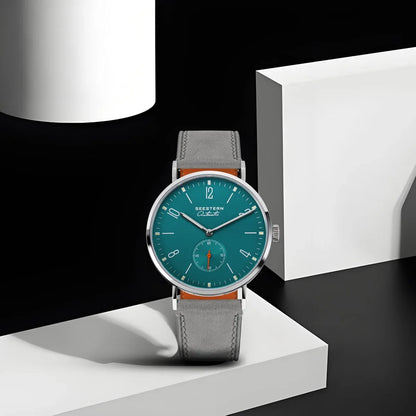 Men's Ultra-Thin Automatic Dress Watch SEESTERN teal dial grey strap stainless steel case on Tampa Home & Garden Store