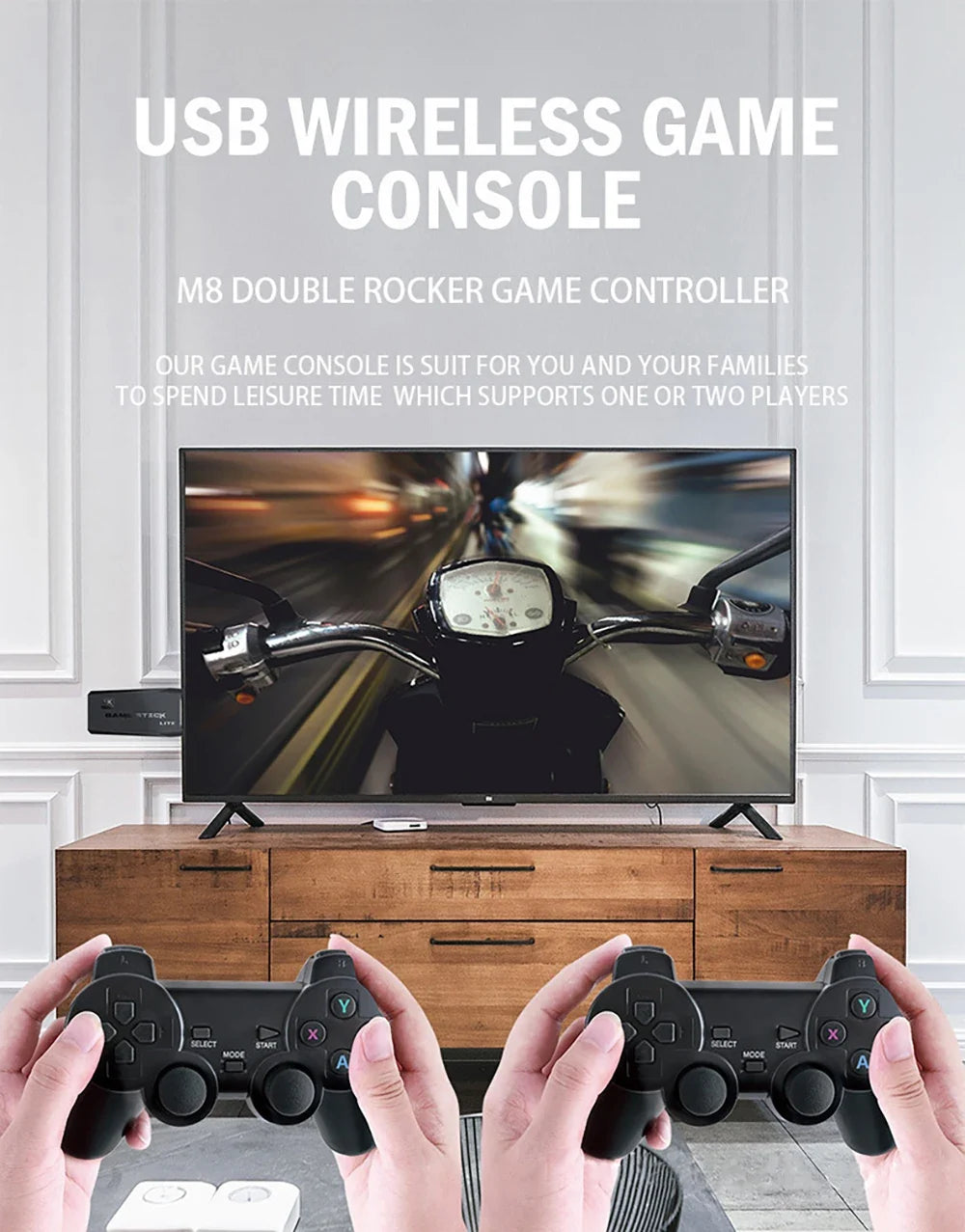 Retro game console with two black wireless controllers; TV on wooden stand shows racing game on Tampa Home & Garden Store