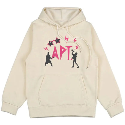 Unisex APT Rose & Bruno Mars hoodie, graphic sweatshirt with pink APT logo and silhouettes on Tampa Home & Garden Store