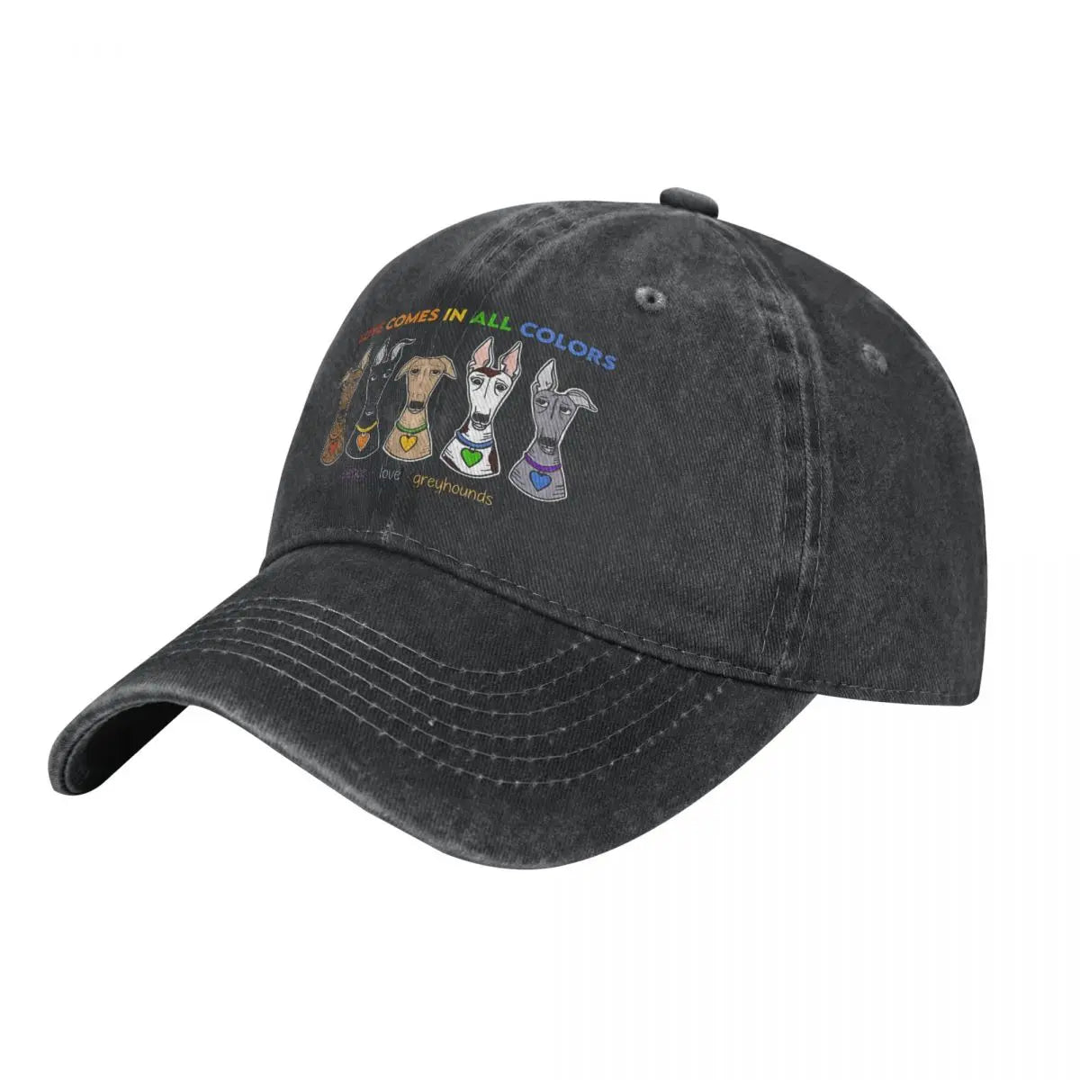 Peace Love Cap, distressed black hat with colorful dog lineup and rainbow text on front on Tampa Home & Garden Store