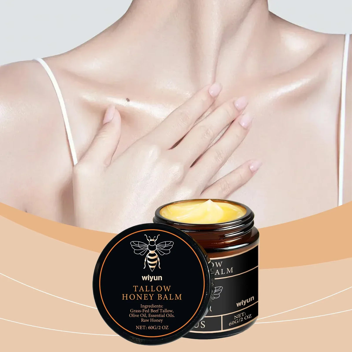 Two Tallow Honey Balm black containers with gold bee logo by Silcy Skin for radiant skin on Tampa Home & Garden Store