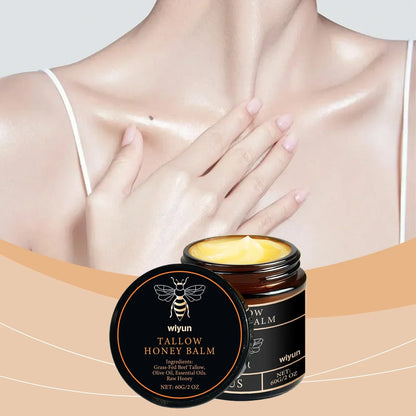 Two Tallow Honey Balm black containers with gold bee logo by Silcy Skin for radiant skin on Tampa Home & Garden Store