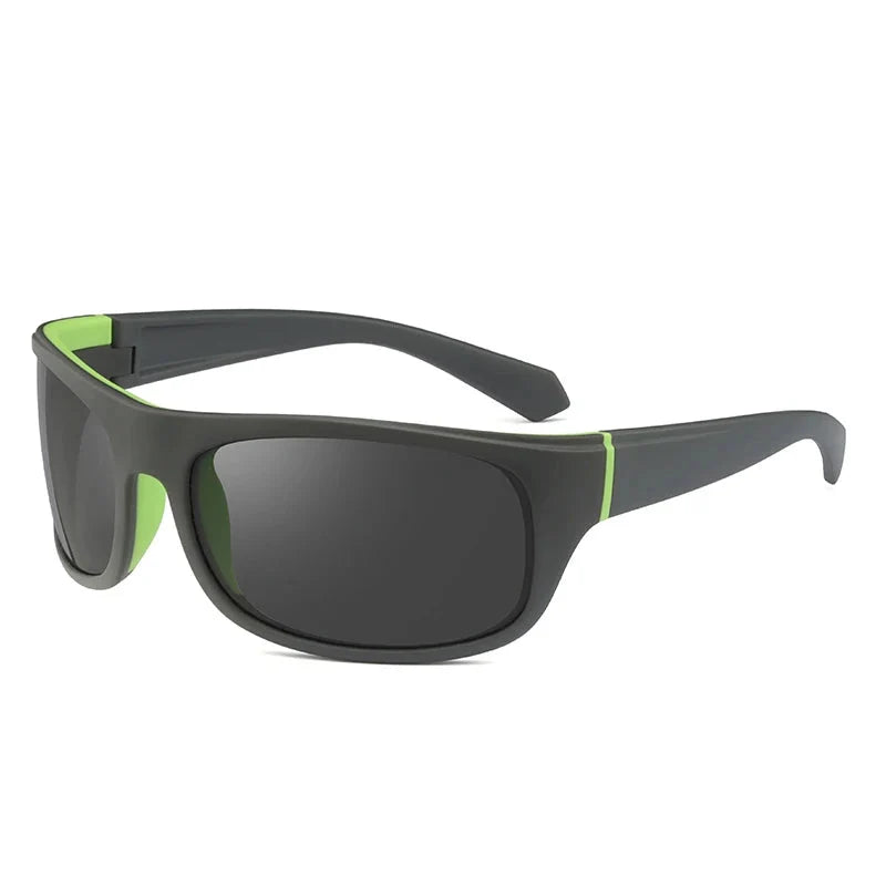 BikerZoneZ polarized sunglasses UV400, gray frame with neon green accents, wraparound style on Tampa Home & Garden Store
