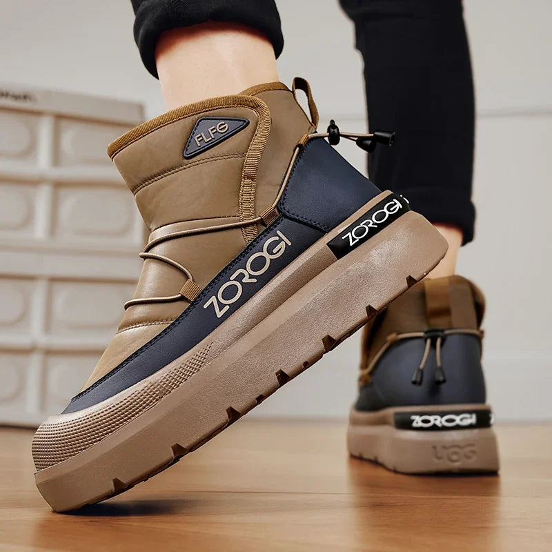 Pair of Mens Winter Ankle Boots by ZOZOGI in tan with navy panel and chunky sole on Tampa Home & Garden Store
