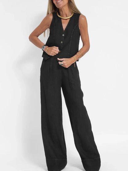 Women sleeveless vest with V-neck and button front paired with black wide-leg pants set on Tampa Home & Garden Store