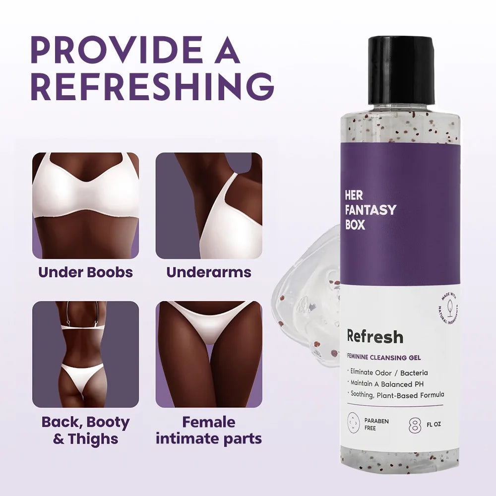 Silcy Skin RefreshPH Balance feminine body wash bottle with purple label; 4 panels show areas on Tampa Home & Garden Store