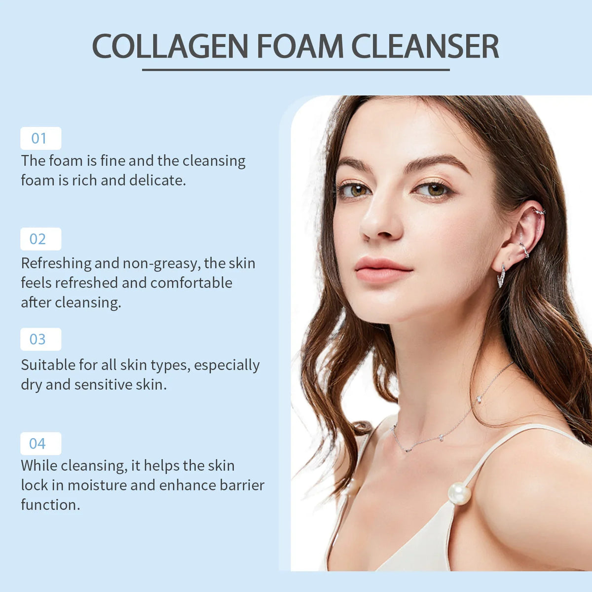 Collagen Foam Cleanser infographic on blue panel with 01–04 steps and model portrait on Tampa Home & Garden Store
