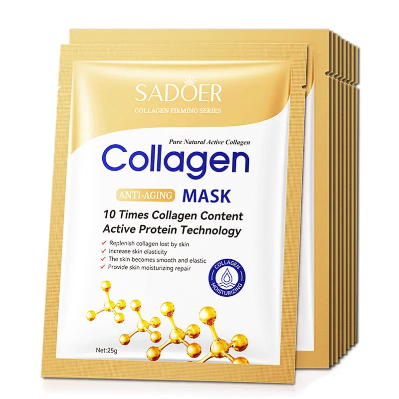 Collagen mask sheets in gold foil packets, SADER brand anti-aging facial masks set on Tampa Home & Garden Store