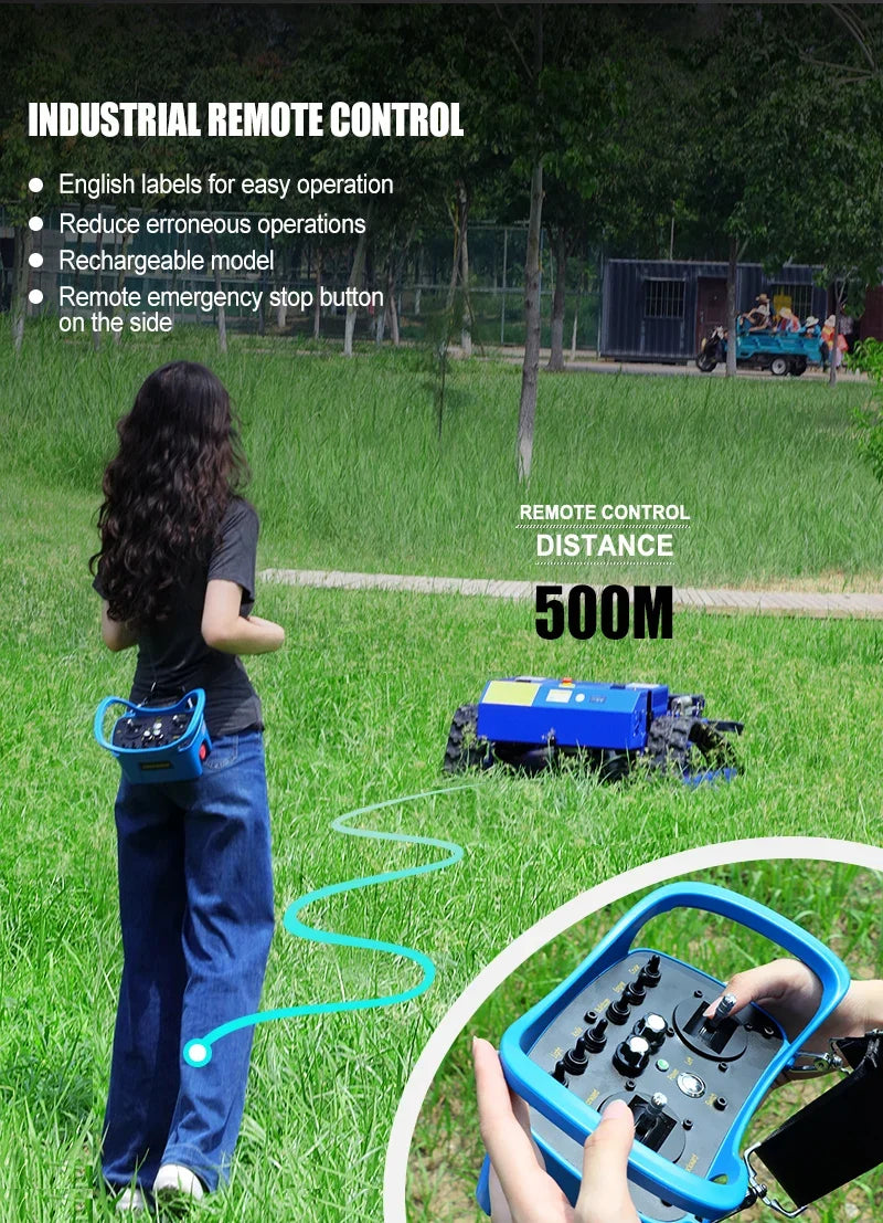 Self-propelled remote-control lawn mower 550mm with blue controller in grass on Tampa Home & Garden Store