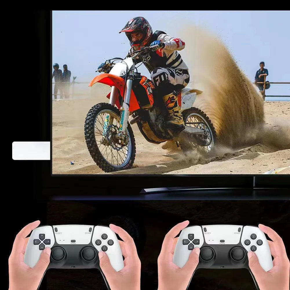 58000 Games Handheld Console – 256GB 4K TV Wireless Gamepad; two white controllers in front of motocross on TV on Tampa Home & Garden Store