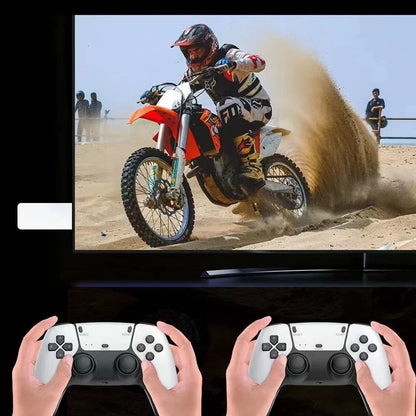 58000 Games Handheld Console – 256GB 4K TV Wireless Gamepad; two white controllers in front of motocross on TV on Tampa Home & Garden Store