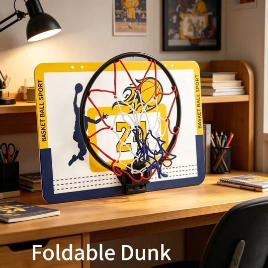 Kids foldable dunk indoor basketball hoop backboard with yellow border and black rim red white blue net on desk setup on Tampa Home & Garden Store