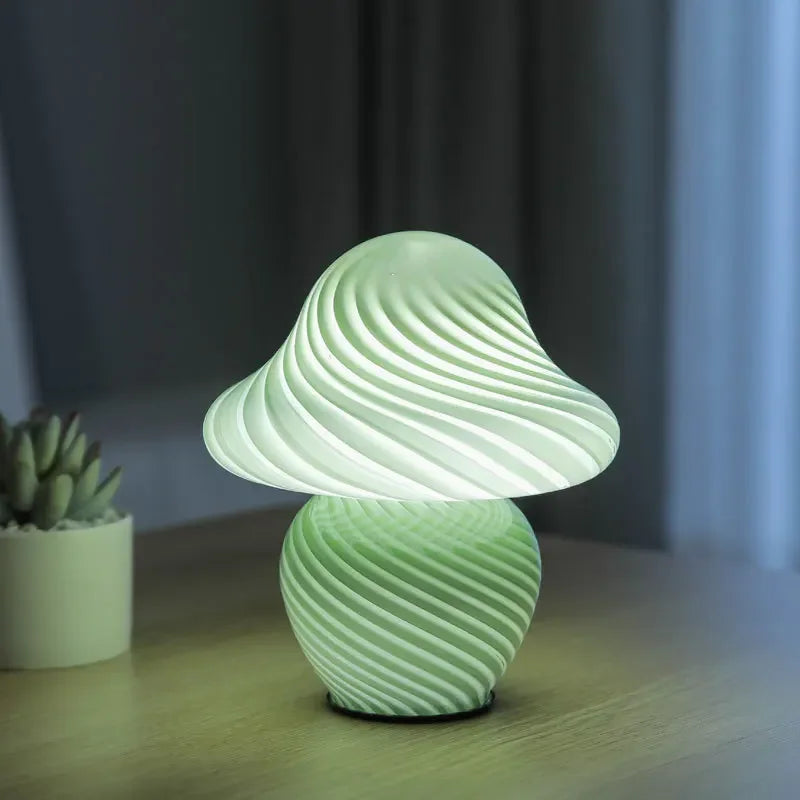 Perfecsy mushroom LED table lamp with striped green glass stem and cap on Tampa Home & Garden Store