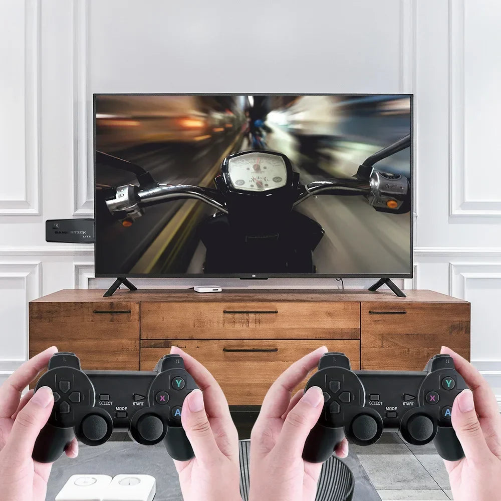 Retro game console by UpTrend Deals with two black wireless controllers on TV setup on Tampa Home & Garden Store