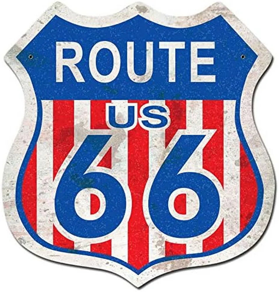 Route 66 shield metal tin sign featuring blue top, red-white stripes and bold 66 numerals on Tampa Home & Garden Store