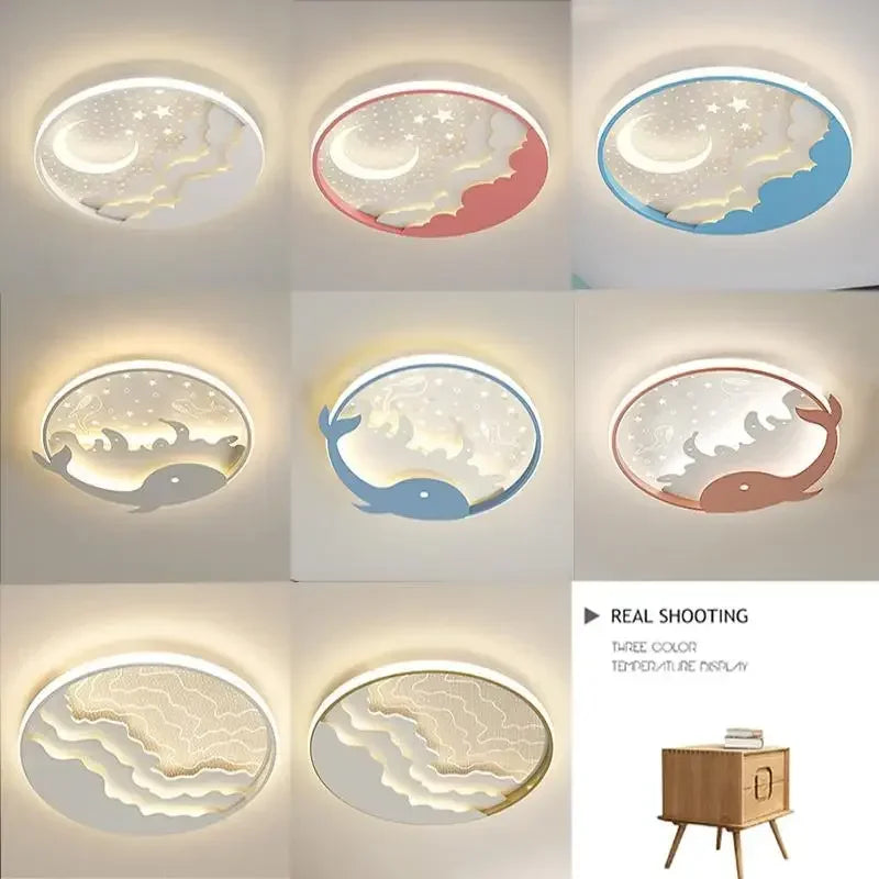 DecorBites Kids LED Nursery Ceiling Light with moon and stars whale motifs white pink blue rims on Tampa Home & Garden Store