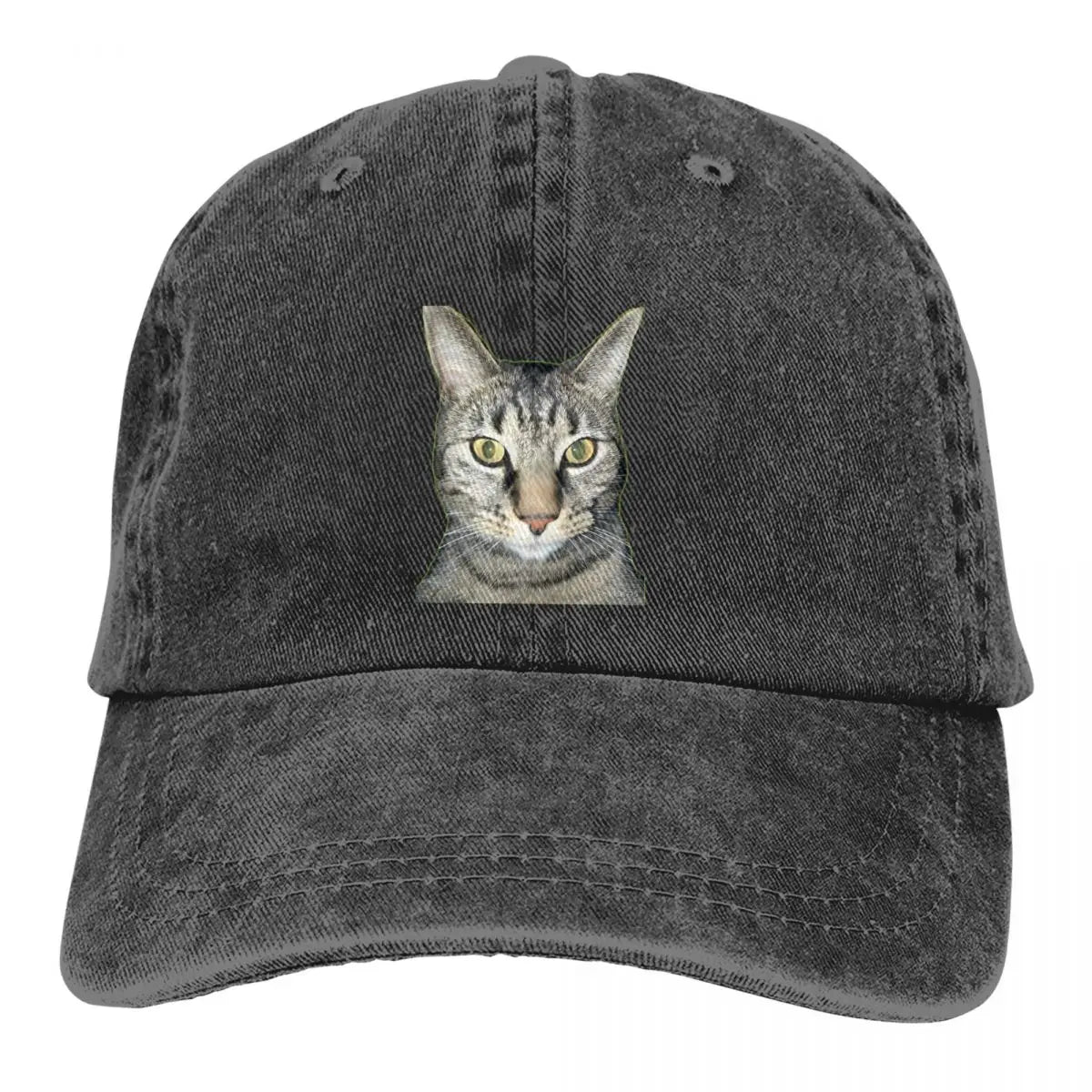 Tabby Cat Cap by BikerZoneZ, charcoal denim hat with a front tabby cat portrait on Tampa Home & Garden Store