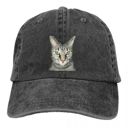 Tabby Cat Cap by BikerZoneZ, charcoal denim hat with a front tabby cat portrait on Tampa Home & Garden Store