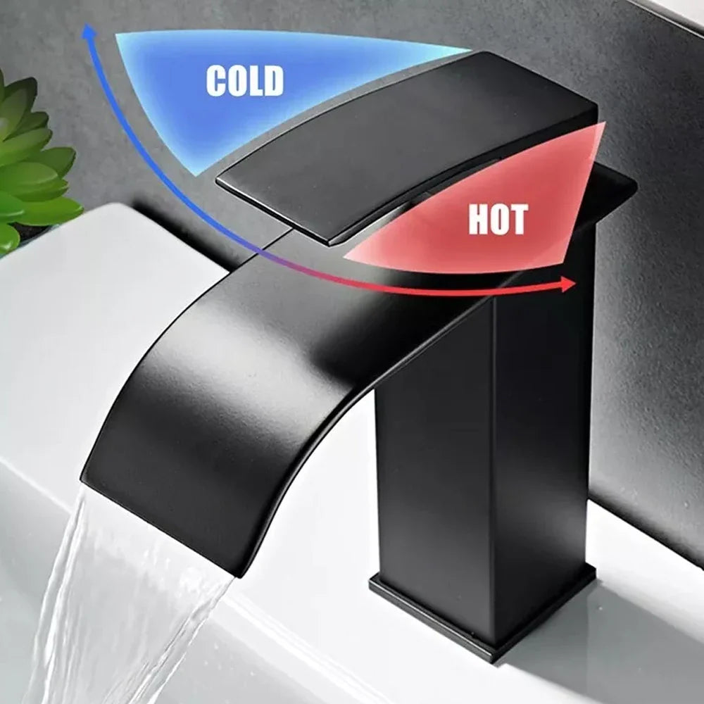 Black waterfall bathroom faucet with curved spout and square pedestal, single-hole mixer on Tampa Home & Garden Store
