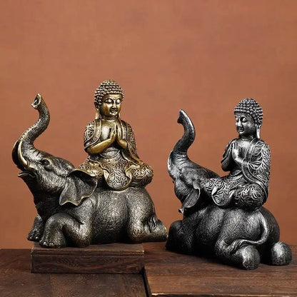Elephant Buddha statues Perfecsy, two bronze resin figures on elephants, home decor on Tampa Home & Garden Store