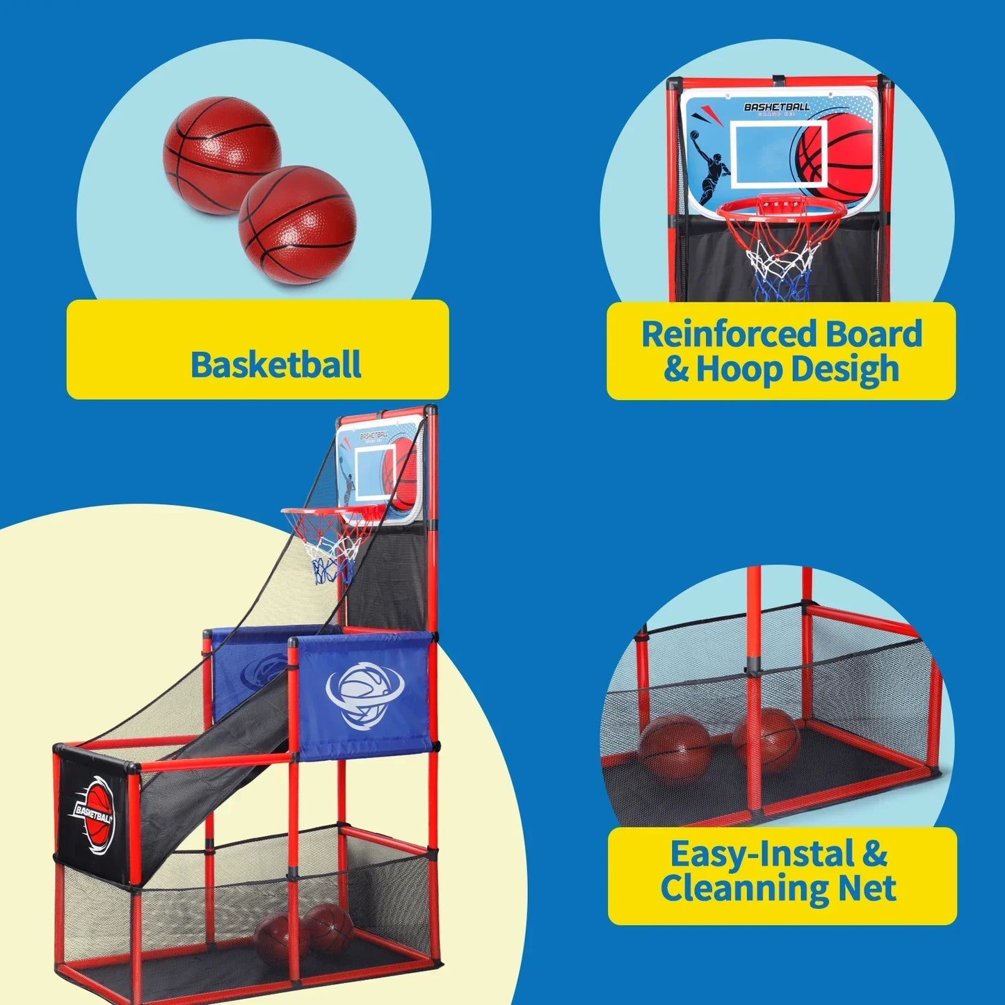 Arcade basketball game set with hoop, two balls, and mesh net for indoor outdoor play on Tampa Home & Garden Store