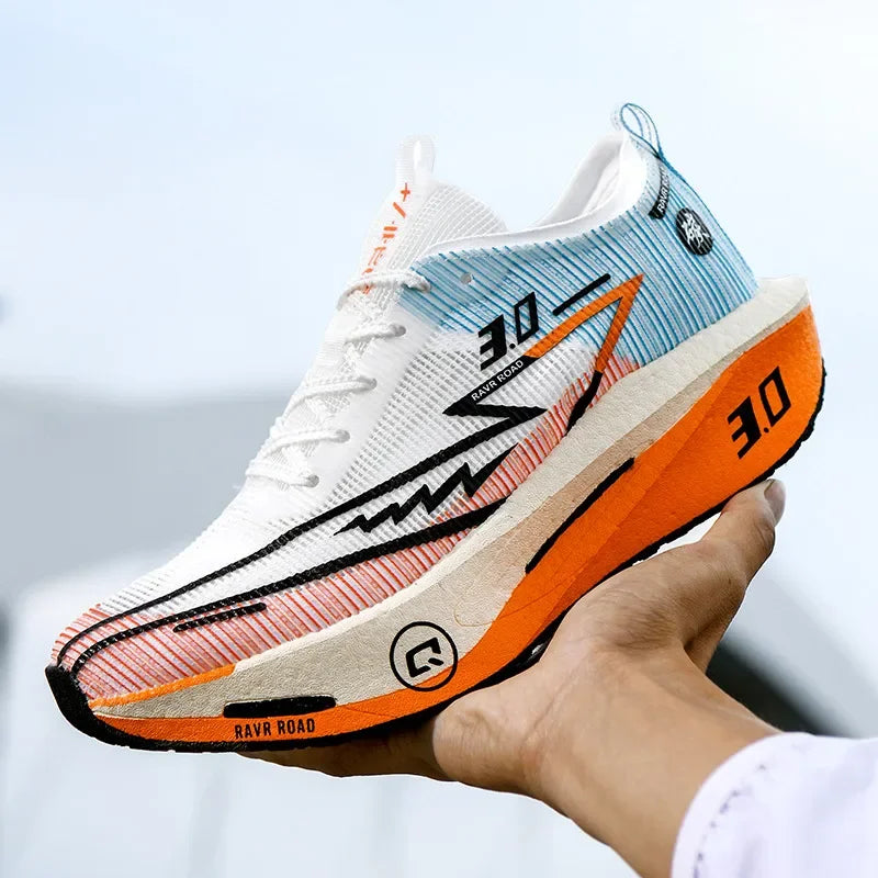 Running Shoes EstaliosFit Cushioned Carbon Board white/blue knit upper with orange midsole on Tampa Home & Garden Store