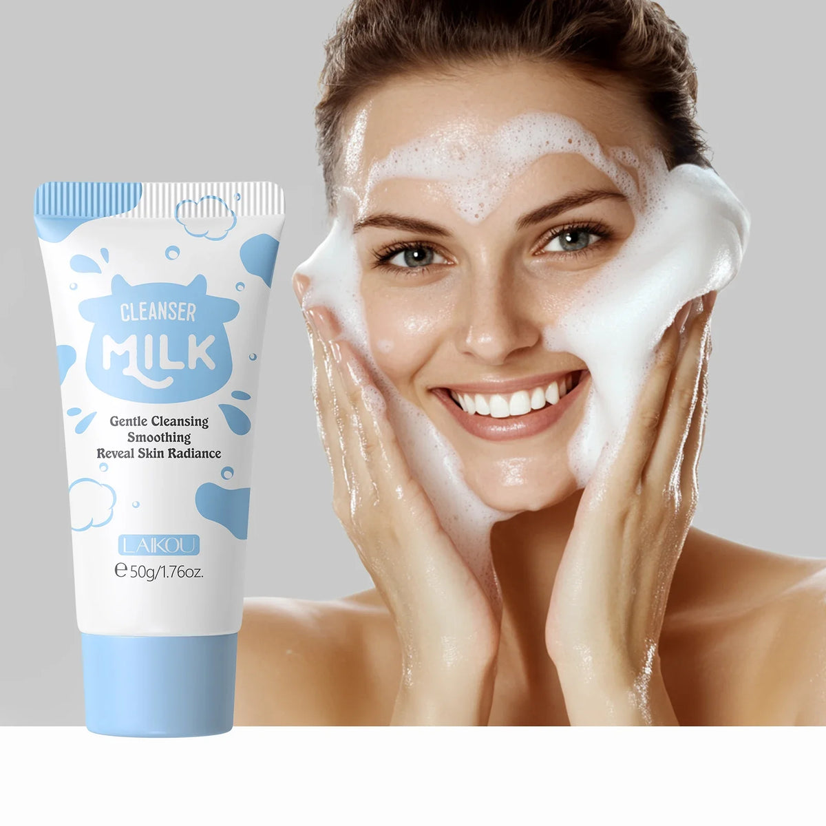 LAIKOU Milk Cleanser travel kit tube with blue cloud packaging beside a smiling woman with foamy face on Tampa Home & Garden Store