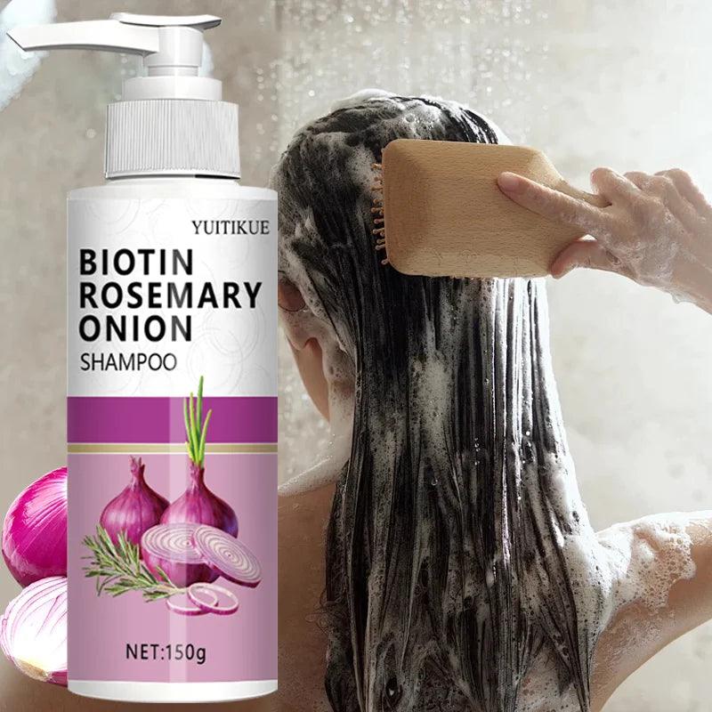 Biotin Rosemary Onion Shampoo bottle by Silcy Skin with purple label and onion illustration on Tampa Home & Garden Store