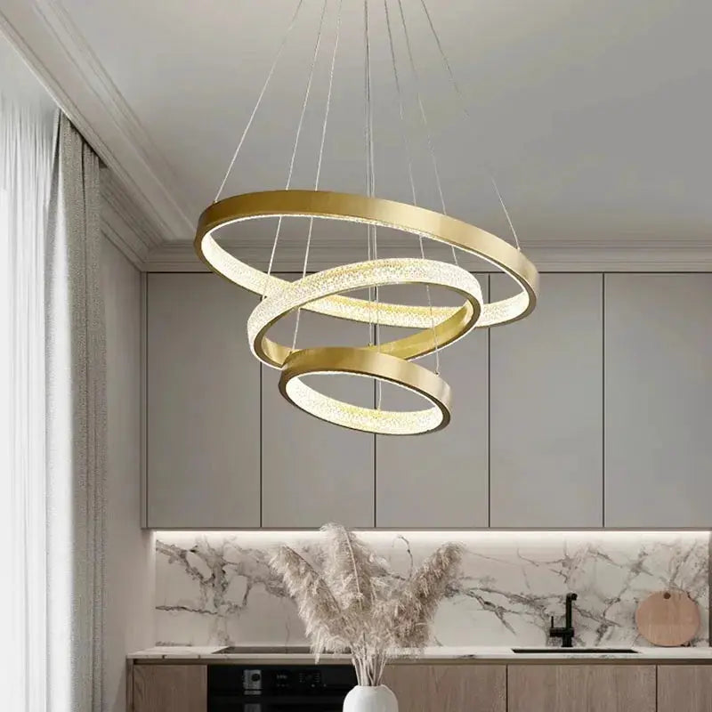 DecorBites LED pendant chandelier with gold three-ring design for modern living and dining on Tampa Home & Garden Store
