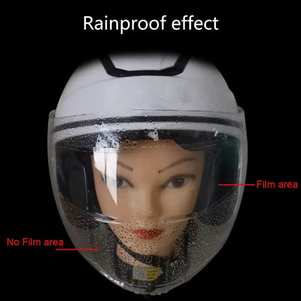 BikerZoneZ anti-fog patch film on helmet visor showing rainproof film area and no-film area on Tampa Home & Garden Store