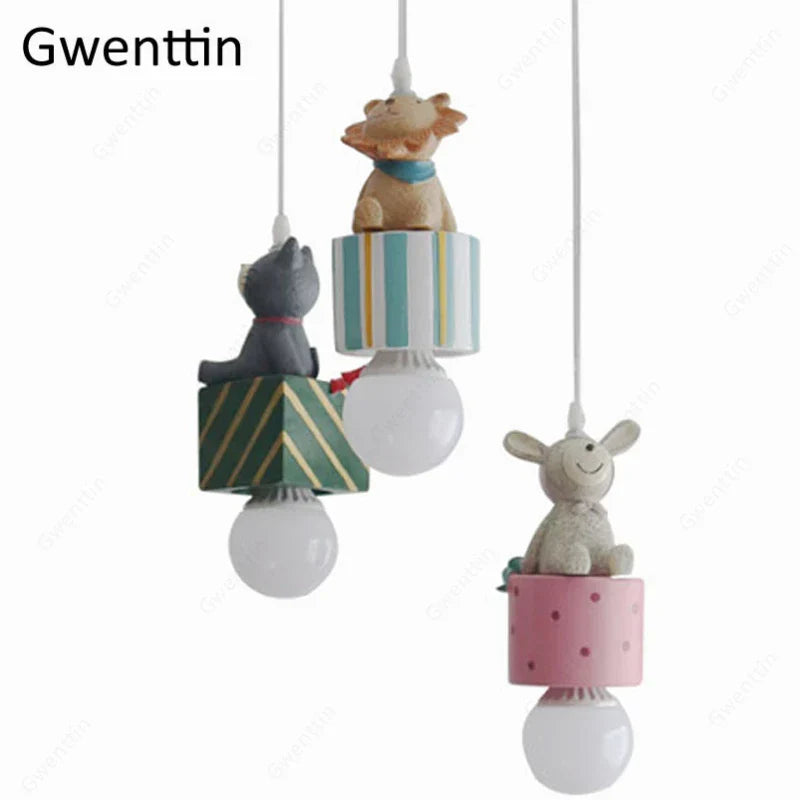 DecorBites Rabbit Lion Cat LED Pendant Lamp with 3 animal figures, pastel ceiling light on Tampa Home & Garden Store