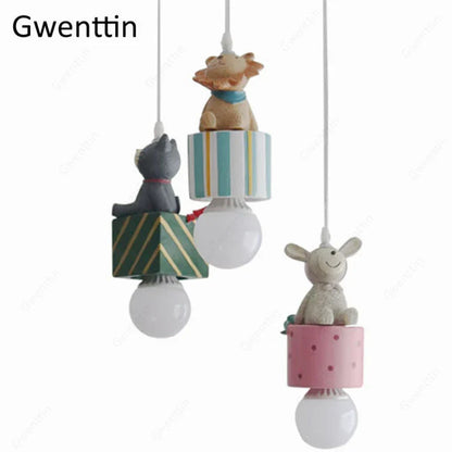DecorBites Rabbit Lion Cat LED Pendant Lamp with 3 animal figures, pastel ceiling light on Tampa Home & Garden Store