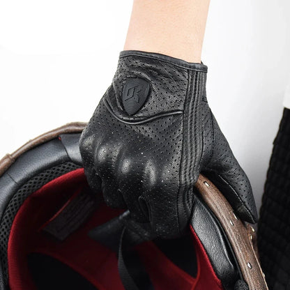 Motorcycle Retro Leather Gloves BikerZoneZ, black perforated leather with logo patch on Tampa Home & Garden Store