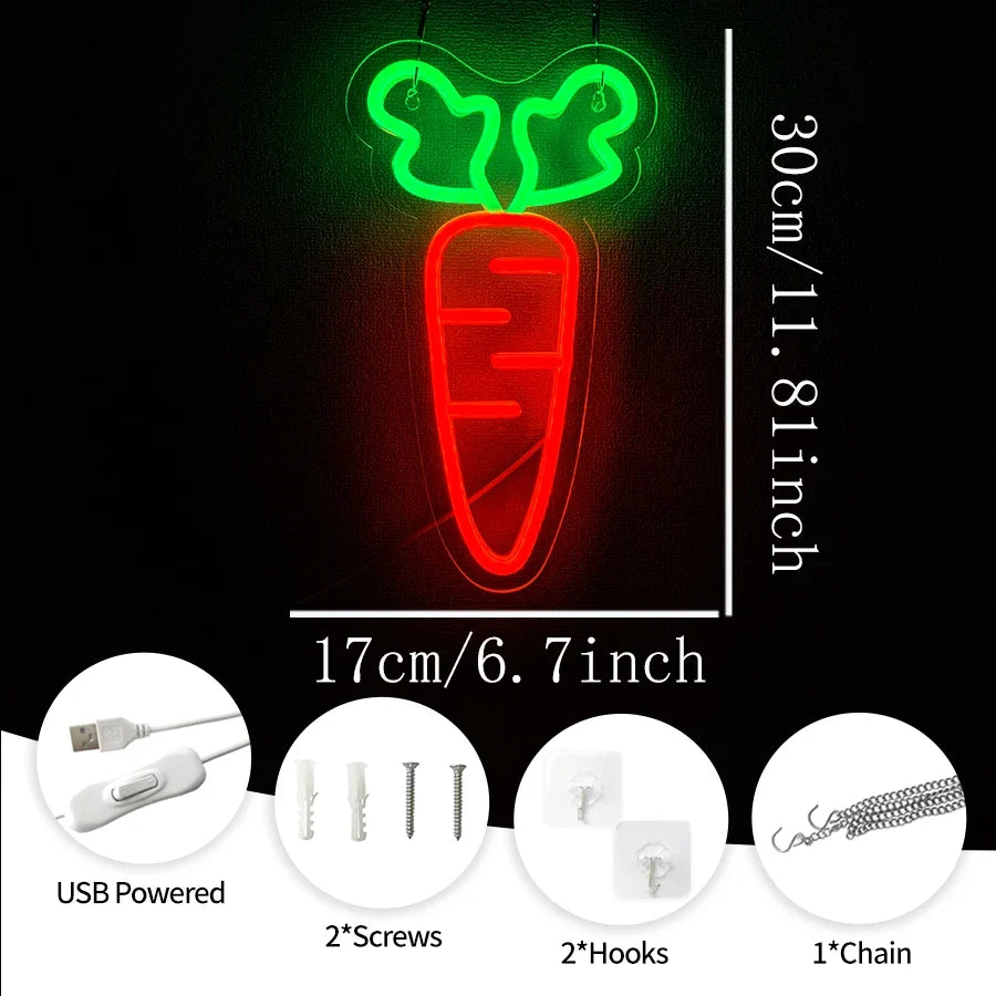 Carrot LED Neon Sign by Perfecsy, red carrot with green leaves USB powered wall decor on Tampa Home & Garden Store