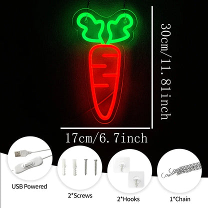 Carrot LED Neon Sign by Perfecsy, red carrot with green leaves USB powered wall decor on Tampa Home & Garden Store