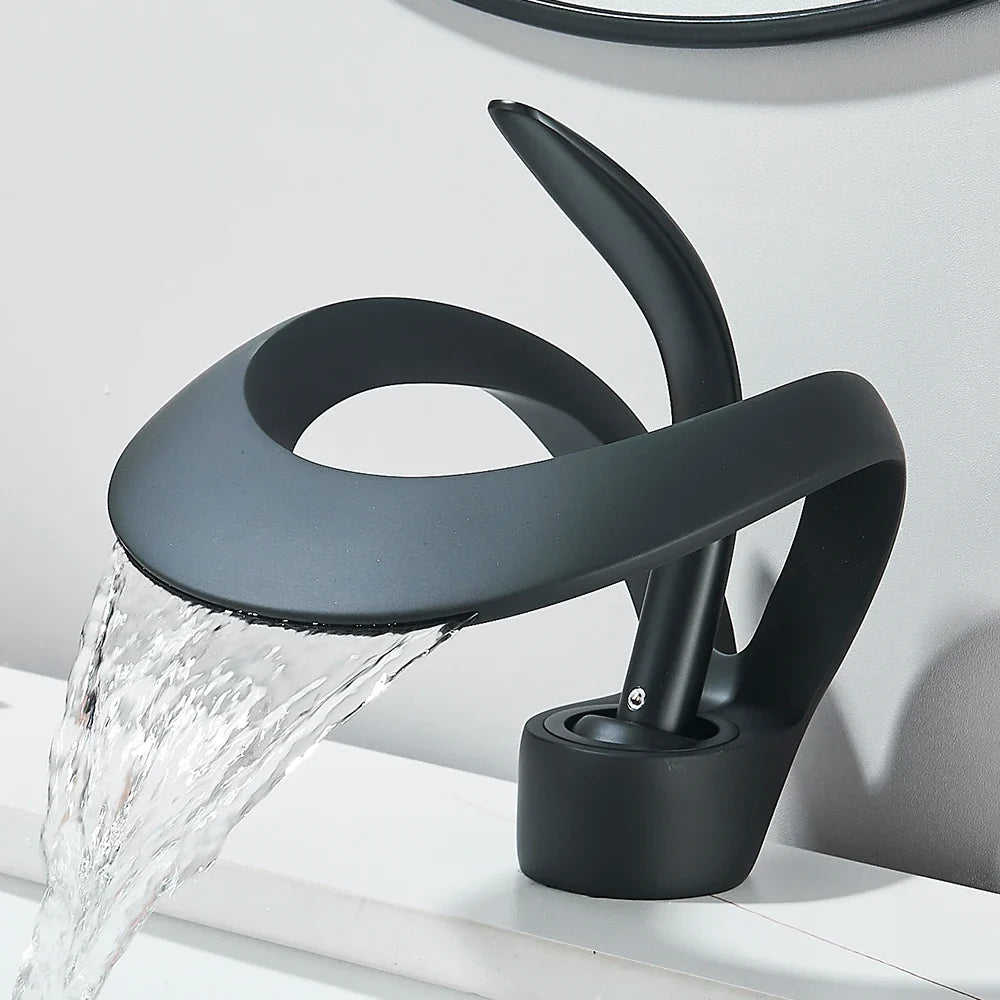 Solid brass waterfall basin faucet by Silcy Skin matte black finish, hot cold mixer for sink on Tampa Home & Garden Store