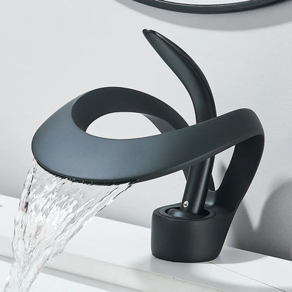 Solid brass waterfall basin faucet by Silcy Skin matte black finish, hot cold mixer for sink on Tampa Home & Garden Store