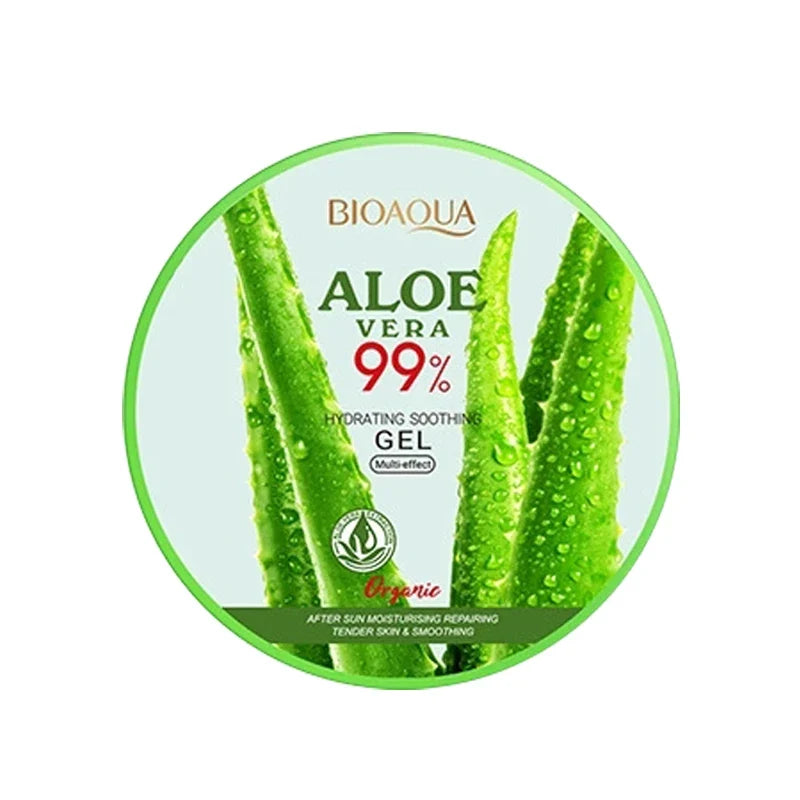 BIOAQUA Aloe Vera Gel 99% hydrating soothing gel on circular green-label with aloe leaves on Tampa Home & Garden Store
