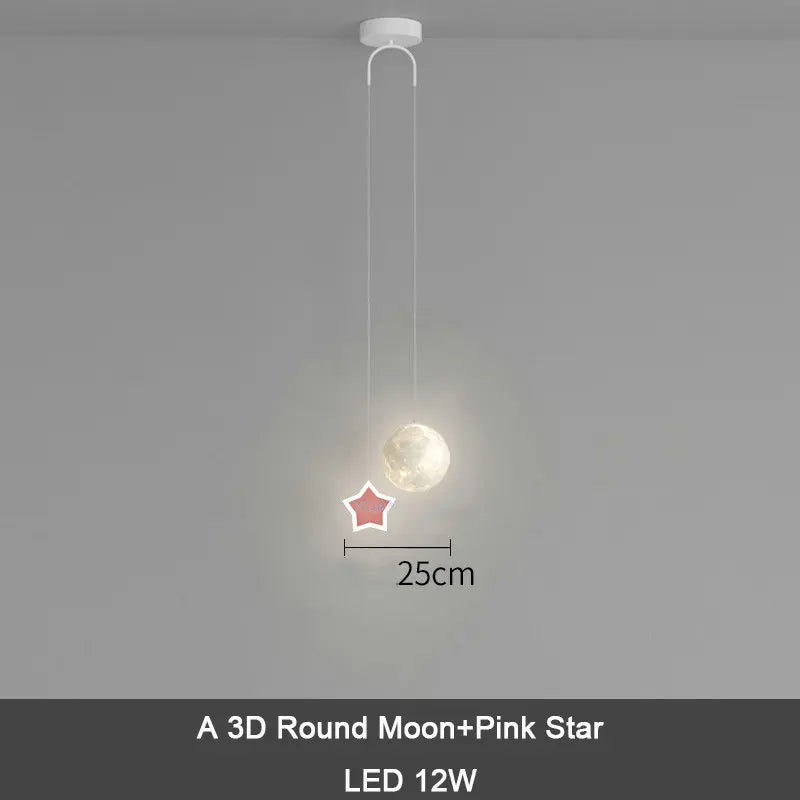 DecorBites Kids Star Moon pendant lamp with remote dimming, 3D round moon and pink star, LED 12W on Tampa Home & Garden Store