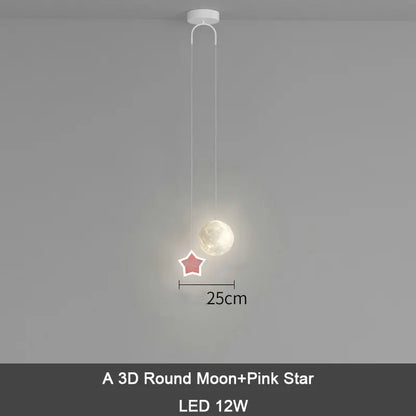 DecorBites Kids Star Moon pendant lamp with remote dimming, 3D round moon and pink star, LED 12W on Tampa Home & Garden Store