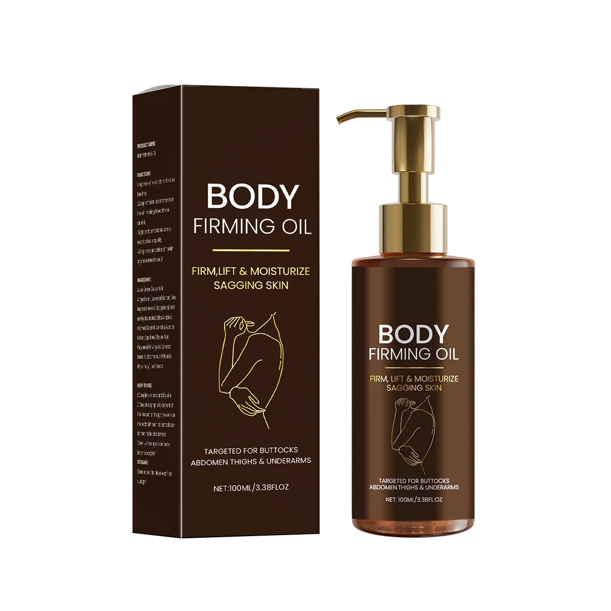 2-piece Body Firming Oil bottle set with gold pump beside dark brown box by Silcy Skin on Tampa Home & Garden Store