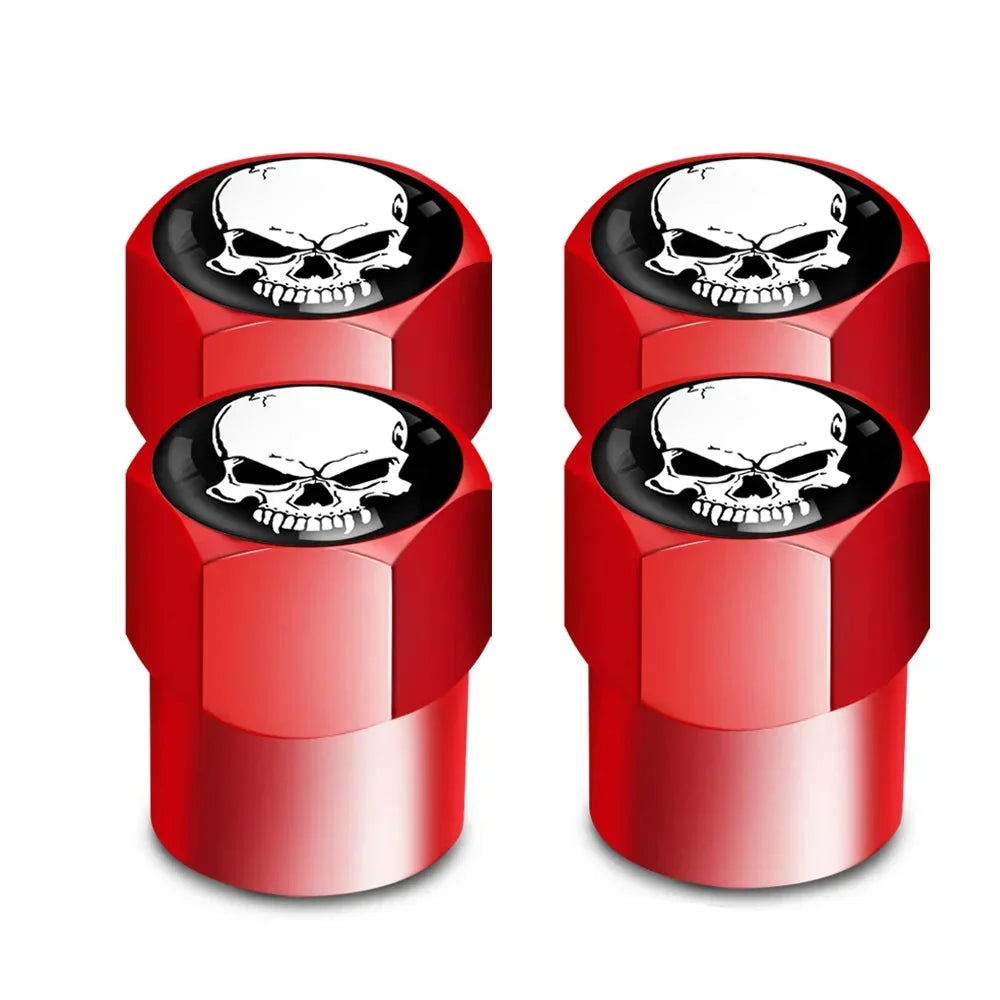 Valve stem caps set, 4 red caps with skull logo, BikerZoneZ valvecaps for tires on Tampa Home & Garden Store