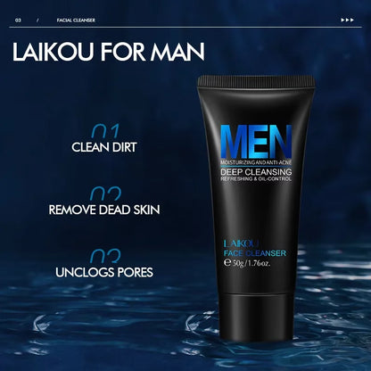 LAIKOU Men Facial Cleanser tube in black, blue MEN label, oil-control deep cleansing 50g on Tampa Home & Garden Store