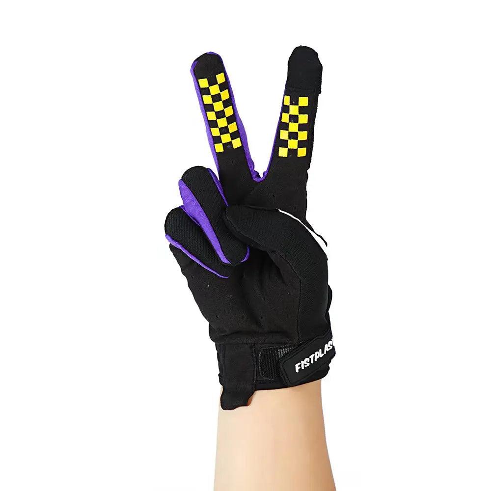BikerZoneZ windproof touchscreen gloves black with purple trim and yellow checker accents on Tampa Home & Garden Store