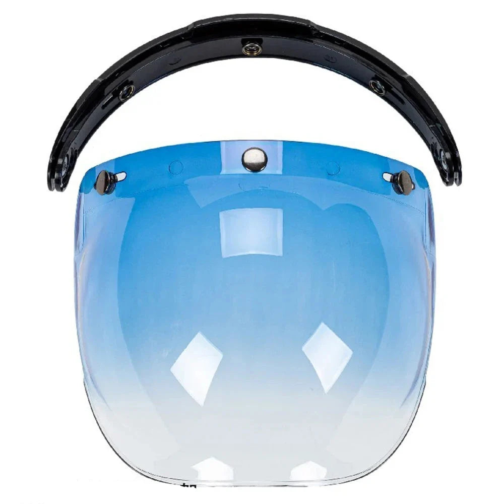 Retro Bubble Shield Visor by BikerZoneZ, gradient blue lens, three-buckle design on Tampa Home & Garden Store